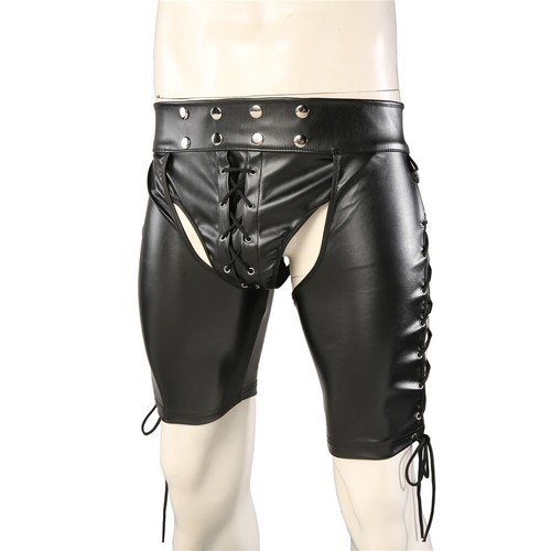 Pantalones cortos ajustados de cuero PU para hombre con aspecto húmedo vendaje lateral sin espalda baúles - Imagen 2 de 15