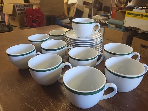 Williams Sonoma BRASSERIE GREEN 10 Cups & 8 Saucers Tea Coffee Mugs