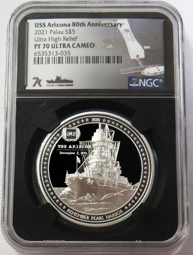 2021 SILVER PALAU $5 USS ARIZONA ANNIVERSARY ULTRA HIGH RELIEF UHR NGC PF 70 UC - Picture 1 of 2