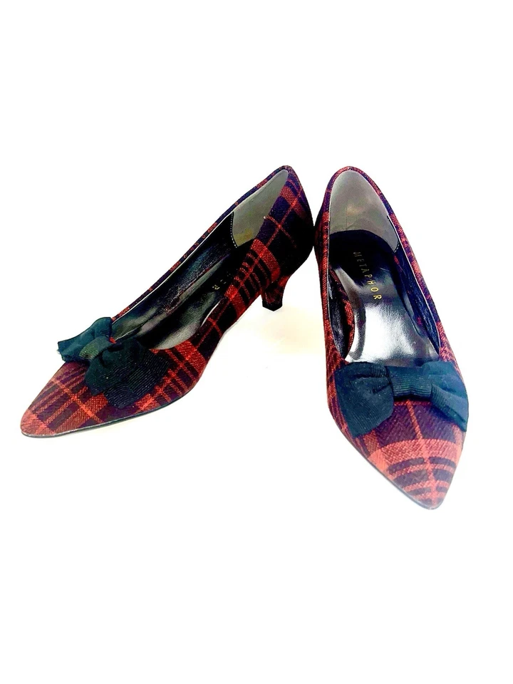 Sapato xadrez vermelho feriado salto gatinho biqueira pontiaguda arco preto feminino tamanho 7 metáfora - Imagem 2 de 4