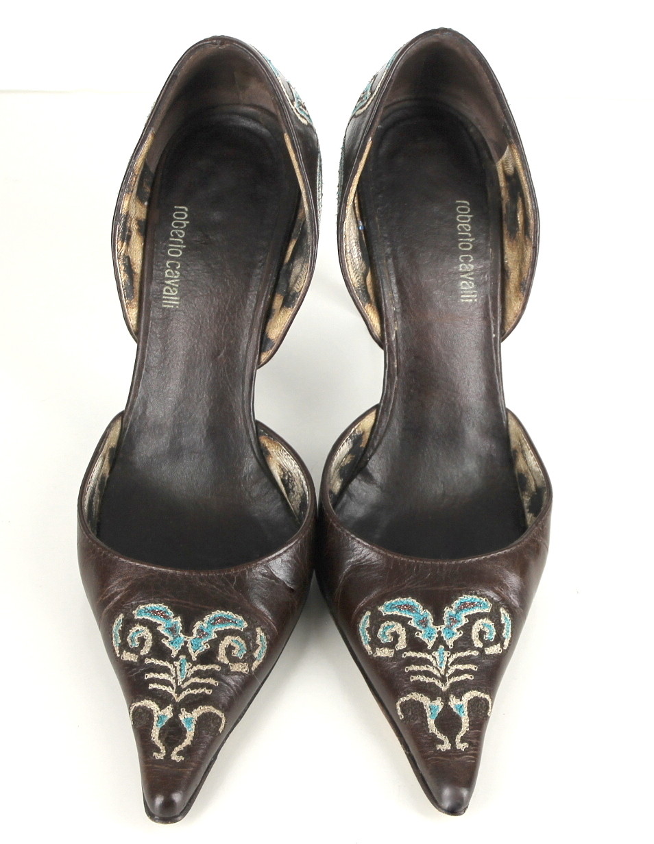 Roberto Cavalli Bombas Tacones Diseño Marrón Bordado Diseño Tacones Cuero Tamaño (36.5) a2040c Roberto Cavalli Bombas Tacones Diseño Marrón Bordado Diseño Tacones Cuero Tamaño (36.5) a2040c