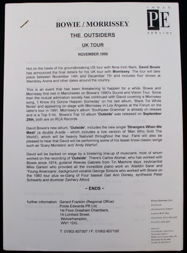 David Bowie Morrissey Press Pack Poole Edwards PR Ltd The Outside Tour 1995 - Picture 8 of 18