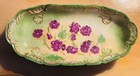 Handmade ceramic Green Yellow Oval Dish w/ Purple Flowers and Tulip Cut Edge