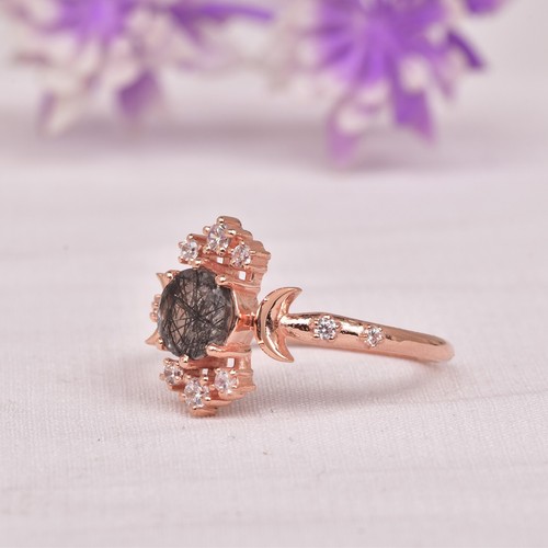 Natural Black Rutile Quartz And CZ Diamond Wedding Ring Moon Crescent Ring - Picture 4 of 6