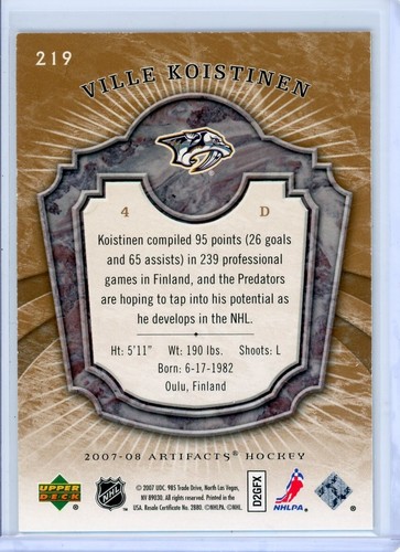 2007-08 Upper Deck Artifacts Rookie #219 VILLE KOISTINEN 491/599 - Picture 2 of 2