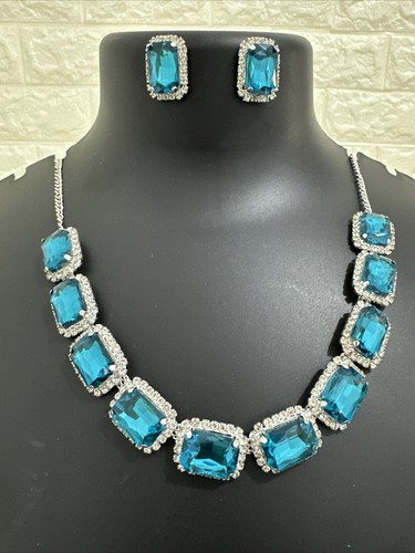 Asian/indian Party Wear American Diamond Necklace With Ocean Blue Stones Wedding - Picture 15 of 16