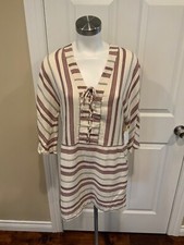 BCBG Max Azria White Striped W/ Lace-Up V-Neck, "Milana" Dress, Size XS