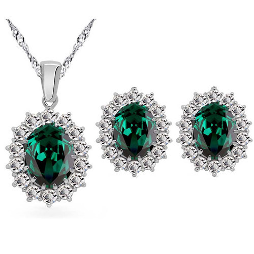Luxury Queen Design May Birthstone Dark Green Stud Earrings Pendant Necklace - Picture 2 of 2