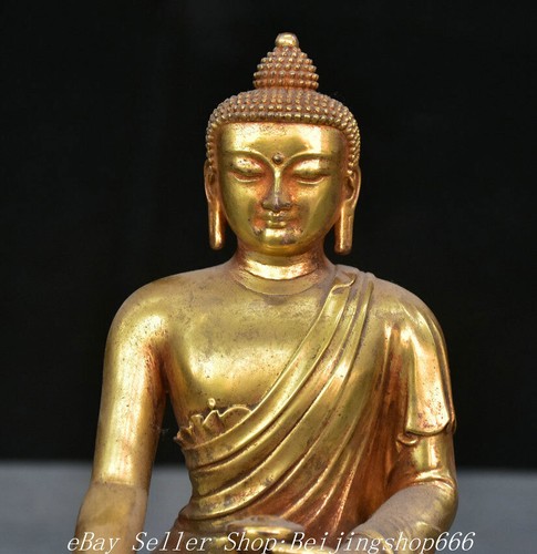 8.4" Old Chinese Purple Bronze 24K Gold Gilt Shakyamuni Amitabha Buddha Statue - Picture 2 of 12