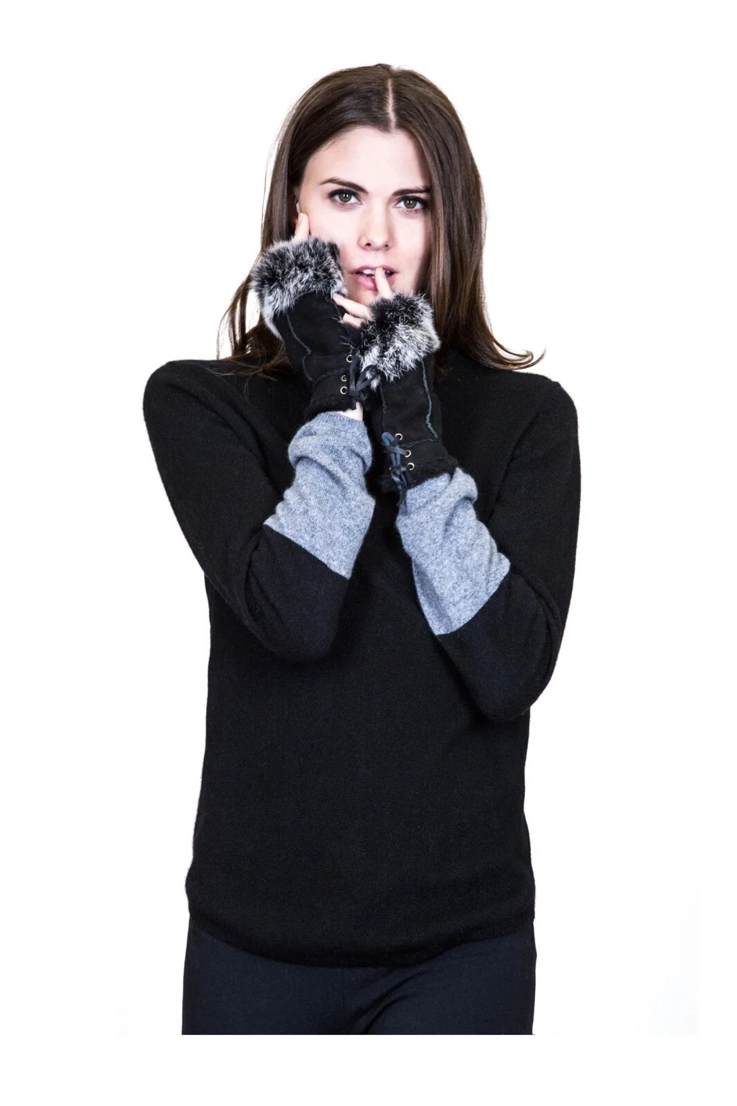 Women’s Shearling Fingerless Gloves with Rex Rabbit Trim – Soft Warm Winter Mitt