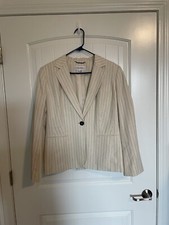 Women  s Calvin Klein Cream And Navy Striped Linen Blend Blazer Size 12