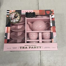 FAO SCHWARTZ Ceramic Kids Tea Party 9 Piece set Pink Polka Dot Gold Rim NIB
