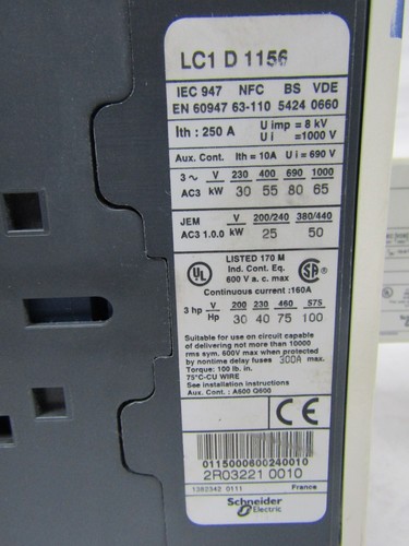 🔥NEW SCHNEIDER TELEMECANIQUE LC1D1156 100 HP 160A 600 VAC CONTACTOR 24V COIL - Picture 11 of 17