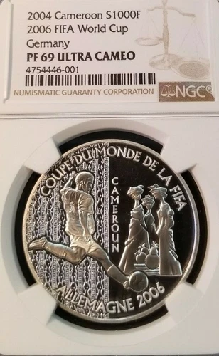 2004 CAMEROON SILVER 100 FRANCS FIFA WORLD CUP NGC PF 69 ULTRA CAMEO TOP POP
