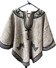 Vintage Wool Poncho Handwoven Pullover Lined Grey with Black Piping Unisex