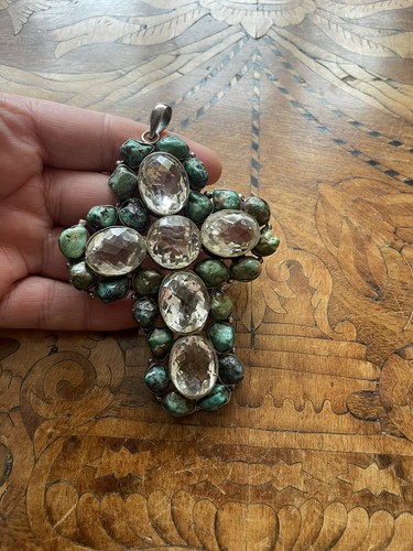 Large Antique Victorian Natural Turquoises & Crystals Silver Pendant - Picture 12 of 18