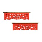 Wood Wall Mount Bracket Floral Design Handcrafted Floating Shelf Red Set Of 2