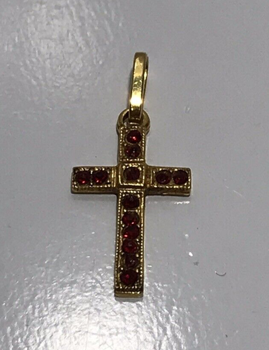 18k Yellow Gold & Red Ruby Simulated Stones Christian Ladies Pendant Cross - Picture 2 of 11
