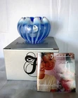 Fenton COBALT BLUE WHITE  OPTIC STRIPE ANEMONE ROSE BOWL Randy Fenton SIgned