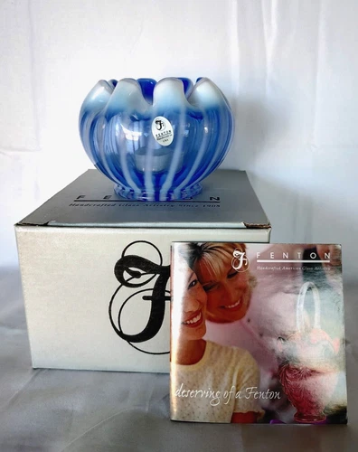 Fenton COBALT BLUE WHITE  OPTIC STRIPE ANEMONE ROSE BOWL Randy Fenton SIgned