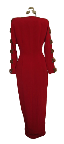 Abito da sera Naeem Khan Riazee Boutique Lillie rosso rubino maniche con perline 4 - Foto 2 di 13