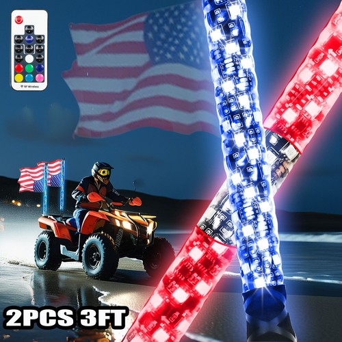 2Pcs 3FT RGB Spiral LED Whip Lights Antenna Chase + Flag For Arctic Cat ATV UTV