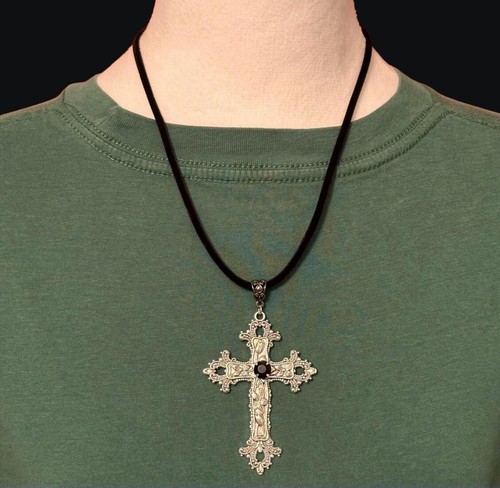 Silver Gothic Cross Necklace Floral Design Big Punk Silver Tone Black Velvet - Picture 15 of 16