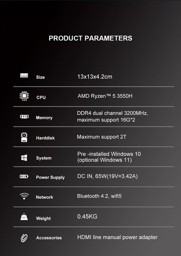GenMachine Mini PC AMD Ryzen 5 3550H Ren3000 Windows 11 DDR4 2.1GHz-3.7GHz WiFi5 - Picture 5 of 19
