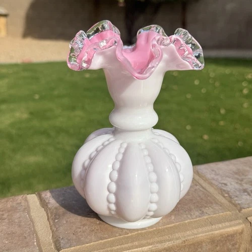 Fenton Art Glass Pink & White Ruffled Vase Hobnail / Beaded Melon Silvercrest