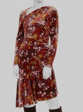 London Times Women's Red Floral Lined Fit & Flare Velvet Asymmetric Dress Sz 8