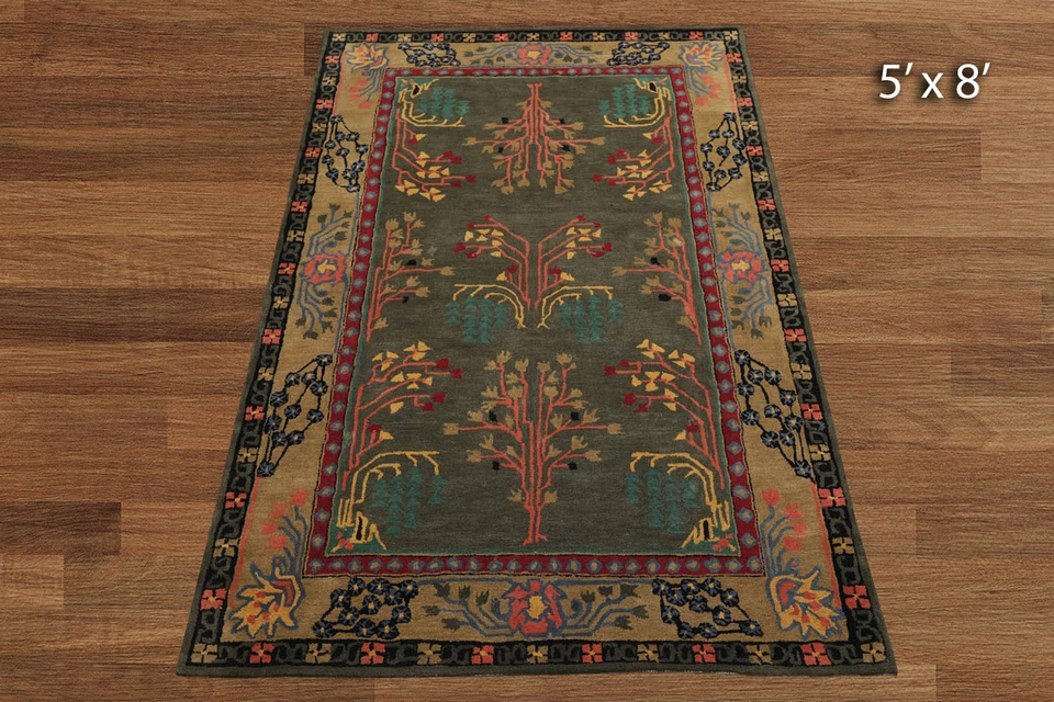 Alfombra de lana acolchada a mano gris/verde Arts & Crafts Donegal Branches 5x8 Foto 3 de 3