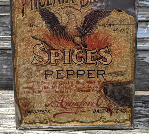 Vintage Phönix Marke Gewürze Pfeffer Dose bemalt Etikett Landladen Werbung - Bild 5 von 18