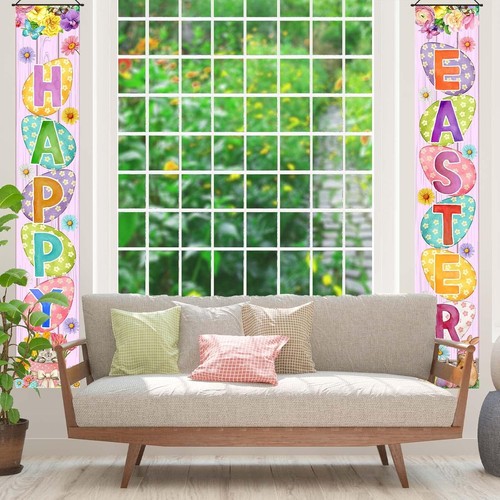 Easter Porch Banner Bunny Egg Rabbit Daisy Party Front Door Sign Wall Hanging - Picture 5 of 6