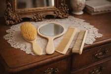 Vintage Set Ivory Vanity Set Mirror Brush Comb Clothes Brush Celluloid Style