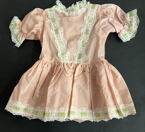 16” long vintage Satin & Lace Doll Dress Dusty Rose with Green Trim White Lace - Picture 1 of 10