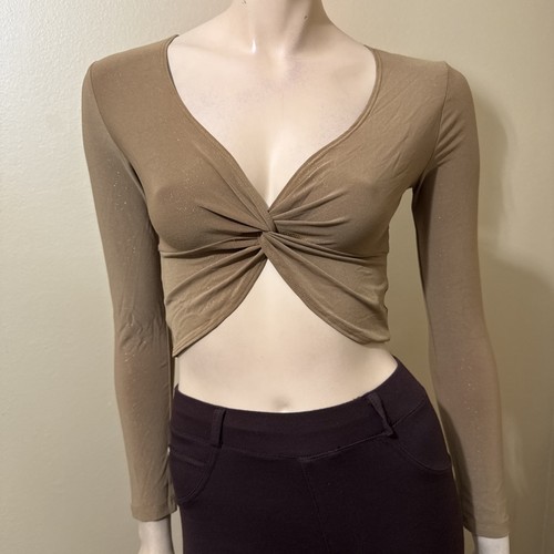 Damen Braun Polyester Freizeit Stretch Slim Cropped Glitzer Gr. L Bluse Top