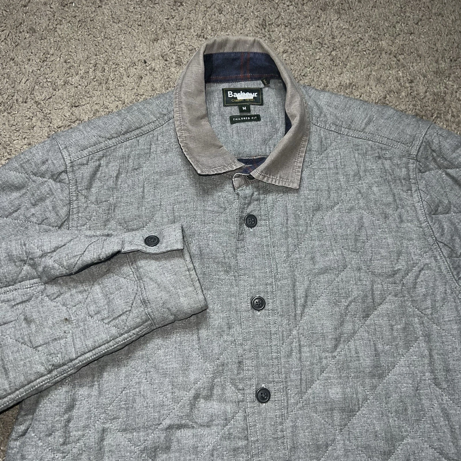 Barbour Jacket Men M Gray Kirk Quilted Shirt Coat Classic Tartan Corduroy Collar