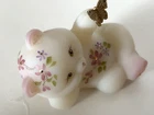 Fenton Art Glass Ivory Satin Reclining Bear with Butterfly Signed by S Stephens