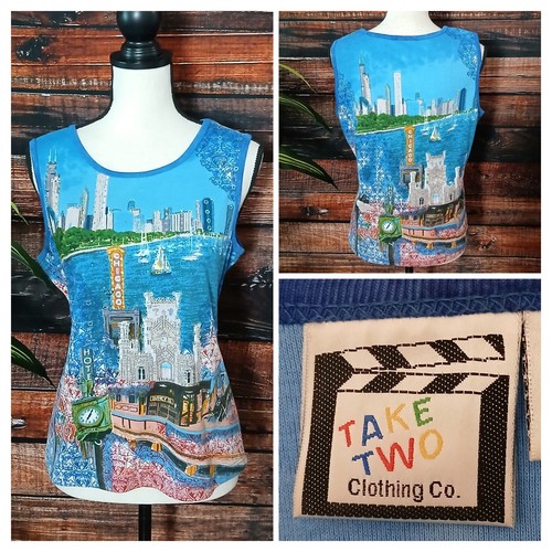 Take Two Vintage Tank Top Size Large Art Chicago Scene Sequin Beaded 100% Cotton