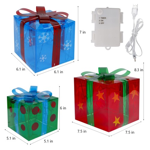 Set of 3 Lighted Gift Boxes Christmas Decorations, Snowflake Star Light Up Pr... - Picture 2 of 6
