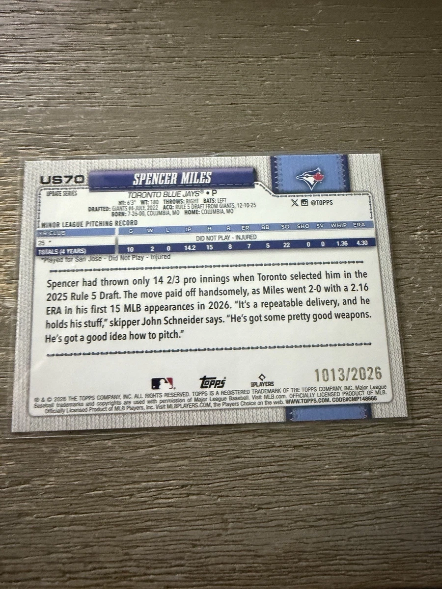 Serie de actualización Topps 2026 Spencer Miles (RC) #US70 dorado Toronto Blue Jays/2026