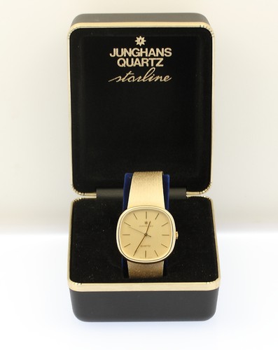 Junghans Herren Armbanduhr mit Milanaiseband in 14 kt 14k 585 er Gelb Gold Quarz