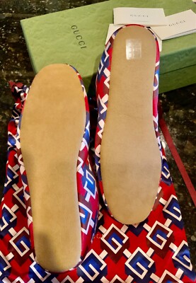NWB GUCCI VOYAGE Eco Satin Red Blue Geometric Slippers Shoes 