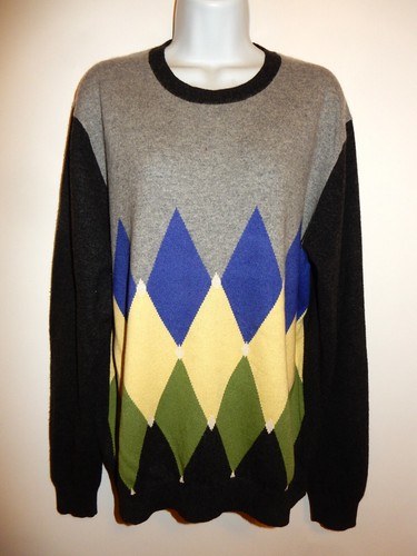 MEN'S METROPOLITAN VIEW 100% CASHMERE GRAY CREWNECK ARGYLE LONG SLEEVE SWEATER L - Picture 1 of 9