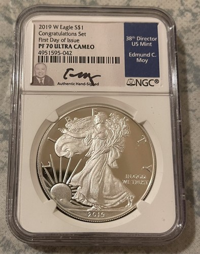 2019 W PROOF SILVER EAGLE NGC PF70 ULTRA CAMEO EDMUND MOY HAND SIGNED BLUE LABEL - Picture 1 of 2
