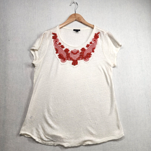 ANN TAYLOR 100% Leinen T-Shirt Top weiß elfenbein koralle Perlen Gr. Medium leicht