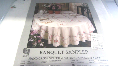 Keeco Hand Cross Stitch and Crochet Lace Tablecloth and Napkins Set - Picture 1 of 12