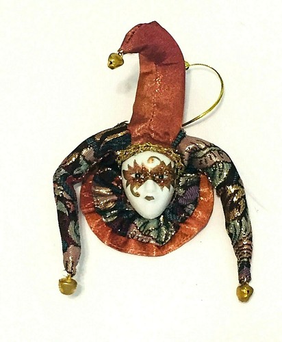 Jester Mardi Gras Magnets Ornaments Hand Paint Glitter & Bells Accents- Set of 4 - Picture 8 of 9