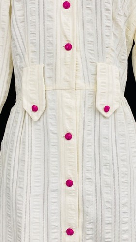 Vintage 1950s white embroidered dress, long sleeve pink floral cotton pin-up M L - Picture 2 of 10