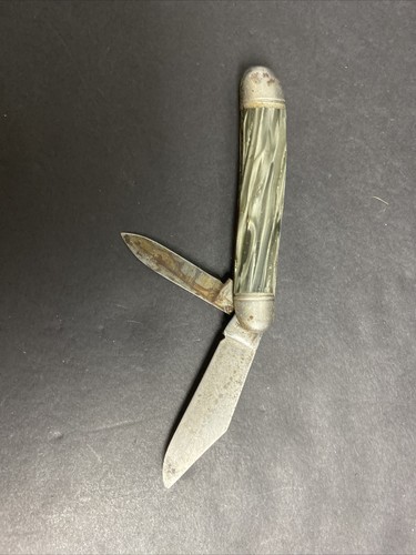 Vintage Hammer Brand Folding Pocket Knife 2 Blades Gray Marble Looking Handle - Picture 6 of 11